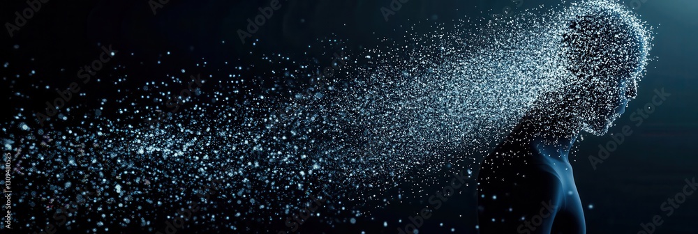 Poster futuristic silhouette of a human formed by particles illustrating ai driven politics in a sleek blue