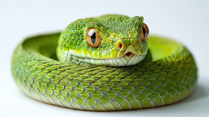 Fototapeta premium Green viper curled up, staring on bright background. Venomous creature, striking serpent