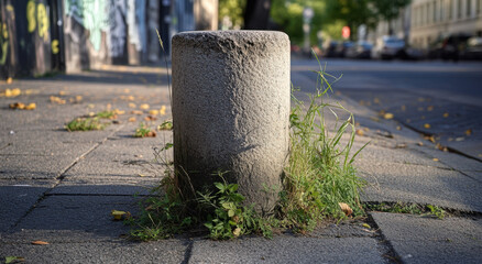 Stone bollard stands on a city sidewalk, surrounded by patches of green grass and small plants. The vibrant urban environment contrasts with the natural growth, showcasing resilience