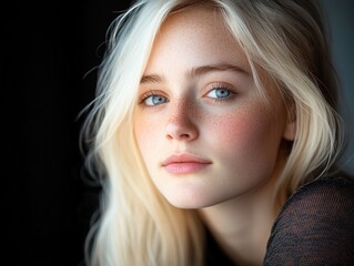 Fototapeta premium Captivating gaze of a stunning beauty illuminated by soft natural light in a serene indoor setting. Generative AI