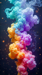 Fototapeta premium Swirling cosmic smoke in vibrant neon turquoise, deep violet, and golden yellow against a dark starry void, representing the beauty of the universe. For fashion, web design, art, mobile wallpaper