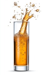 Amber liquid splashing in a tall glass against a white background. The liquid is bubbly and golden, creating a dynamic and refreshing image.