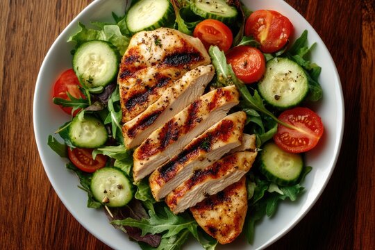 Grilled chicken breast on top of a fresh mixed vegetable salad with a variety of vibrant colors and textures.