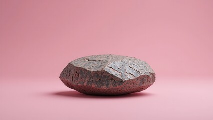 Rock sits isolated on pink surface; minimal action in abstract location against soft pink backdrop