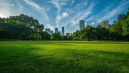 Beautiful green grass field with a city skyline in the background, captured with a wide-angle lens