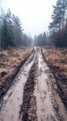 Obraz premium Muddy Road in Foggy Forest Realistic Photo