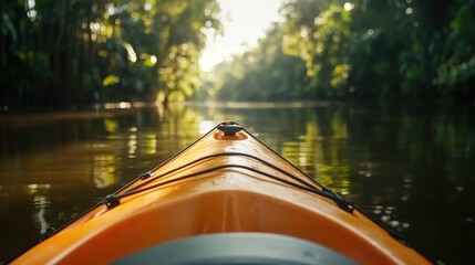 Kayaking through a lush jungle river