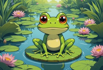 Cartoon Frog Sitting on Lily Pad in Pond with Water Lilies