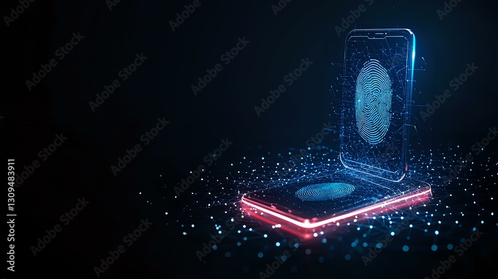 Poster futuristic smartphone with glowing fingerprint scan hologram floating above device on dark backgroun