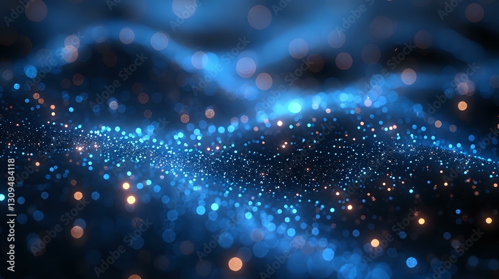 Poster glowing blue and orange particles forming dynamic waves against dark background, creating ethereal a