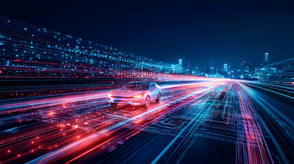 Fototapeta premium Abstract Digital Data Stream with Red and Blue Light Trails on Black Background