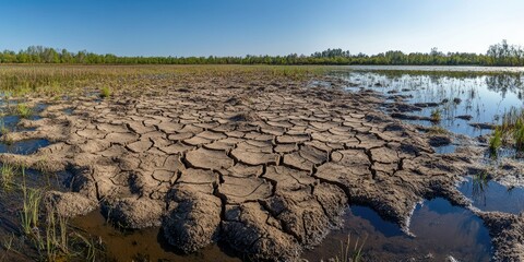 Naklejka premium The image shows a field with dry, cracked soil, indicating a period of water scarcity or drought conditions.