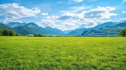 Fototapeta premium Serene Austrian Landscape with Vibrant Green Meadow and Majestic Mountains Under Clear Blue Sky, Ideal Sunny Summer Day Scenery