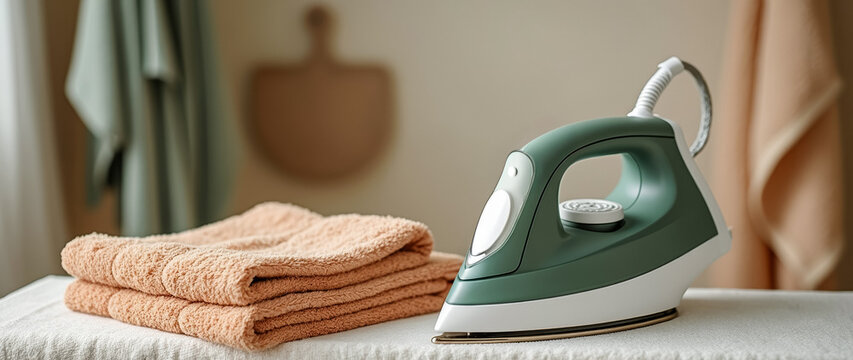 teal and white electric iron and a stack of folded towels ready for ironing