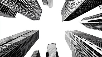 Low angle view of skyscrapers in black and white, creating a radiating pattern against a bright white background. The image features a strong sense of height and urban density.
