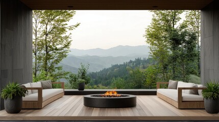 Fototapeta premium Elegant outdoor wooden deck with a sofa set and fire pit, perfect for summer relaxation.