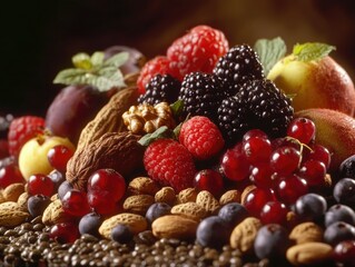 Colorful assortment of fruits and nuts arranged on a dark surface. Highly detailed image suitable for food advertising.