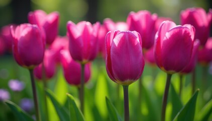 Obraz premium Vibrant purple tulips burst forth, lush green leaves surround , blossom, beautiful, green leaves