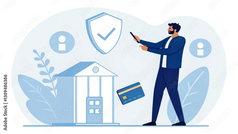 Poster Digital Payments Concept. Digital illustration of a man using a smartphone near a secure building and credit card symbols.