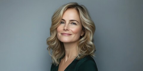 Fototapeta premium This is a portrait of a smiling woman, possibly in a business or professional setting. Her medium-length blonde hair and brown eyes suggest she may be in her thirties or forties.