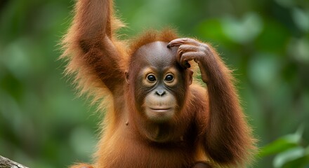 Adorable Baby Orangutan Scratching Head Surrounded by Lush Green Foliage