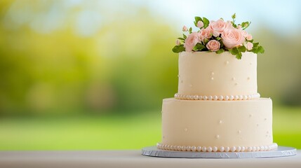 Elegant Two Tiered Wedding Cake with Pink Carnations and Pearls