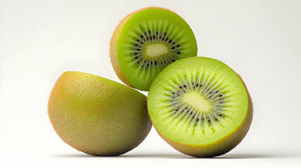 Fototapeta premium Freshly Cut Kiwi Fruit Slices Stacked on White Surface with Vibrant Green Colors
