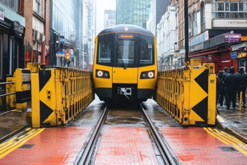 Fototapeta premium Bright Yellow Train Stopping at Rainy Urban Train Station