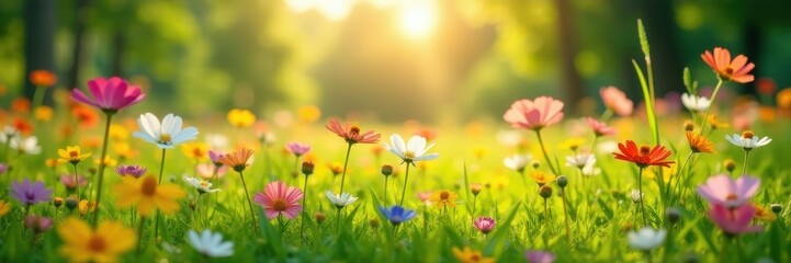Obraz premium Vibrant wildflowers in lush meadow, sunny day, setting, flowers