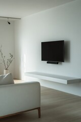 A tastefully furnished and designed modern living room with minimalistic aesthetics featuring a flat screen TV, coffee table, couch, floor lamp, wood floors, and decorative elements.