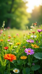 Obraz premium Vibrant wildflowers in lush meadow, sunlight dappled, botany, vibrant, nature