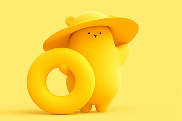 3D cute funny bear in hat with inflatable swimming ring isolated on yellow background