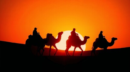 Desert Caravan Silhouette at Sunset: Silhouetted figures ride camels across the desert landscape against a backdrop of a vibrant orange sunset, embodying travel and adventure.