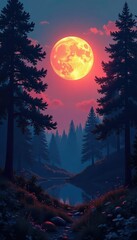 Fototapeta premium Lunar disk glows softly over a peaceful forest at dusk, sky, serene