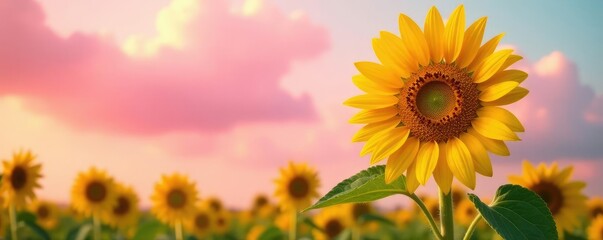 Obraz premium Majestic sunflower dominates the scene with its bright yellow petals against a backdrop of soft pink clouds, sunflowers, flowers