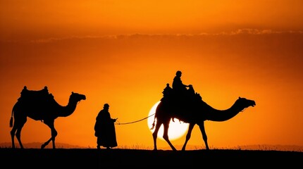 Caravan's Journey at Sunset: A captivating silhouette of a camel caravan traversing the desert landscape against the backdrop of a vibrant, orange sunset.