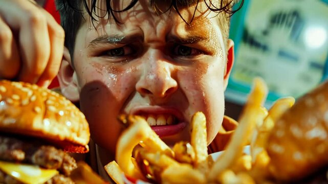 Stressed adolescent with obesity indulging in junk food and sedentary behavior 4K