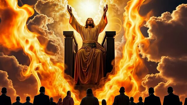Jesus Christ The Heavenly High Priest ministering in the divine sanctuary amidst flames 4K