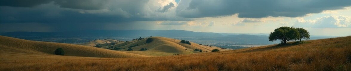 Obraz premium Rolling hills with trees against a vast plateau under a dark and cloudy sky, landscape, rugged