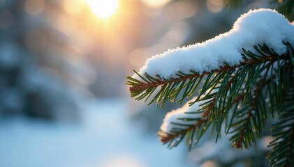 Snow-covered pine needles glistened in sunlight, snow, winter, coniferous