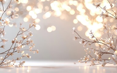 Fototapeta premium Spring 3d background minimalistic mockup with space for text, glowing soft golden bokeh light background