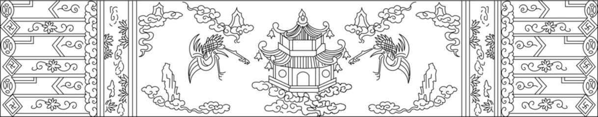 Vector sketch illustration silhouette design batik motif carving vintage classic ornament with traditional ethnic decoration  