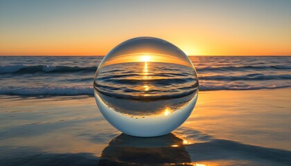 Obraz premium A hyper-realistic glass sphere resting on the edge of a waterfall, reflecting the surrounding, An otherworldly floating orb, appearing as a miniature Earth, hovering just above the surface of an.....