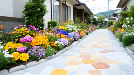 Fototapeta premium Colorful Garden Pathway, Residential Homes