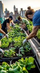 Community Gardening on Rooftops with Urban Skyline in Background