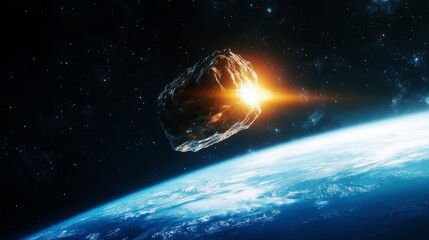 Large asteroid with glowing backlight hurtling through space towards Earth, potential impact event