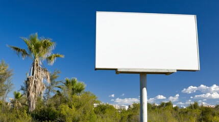 Blank white billboard against a vibrant blue sky, positioned near lush green vegetation and a palm tree. Ideal for advertisement mockups.