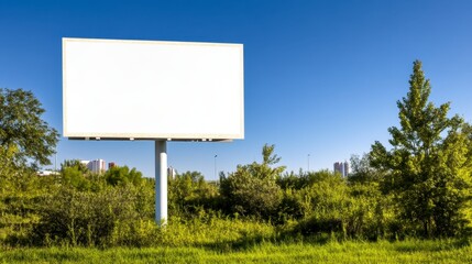 Blank billboard in a green landscape under a clear blue sky. The billboard is large and rectangular, set against a backdrop of lush vegetation and a distant cityscape.
