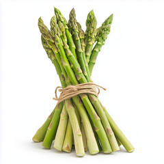 A bundle of fresh green asparagus spears tied together, isolated on a white background