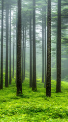 Naklejka premium Misty Forest Landscape Photo: Tall Trees and Lush Green Ground